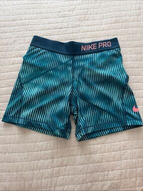 Nike Pro Teal Striped Bike Shorts with Pink Logo